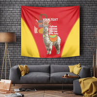 Red and yellow Peru Independence Day tapestry with costumed alpaca and custom text