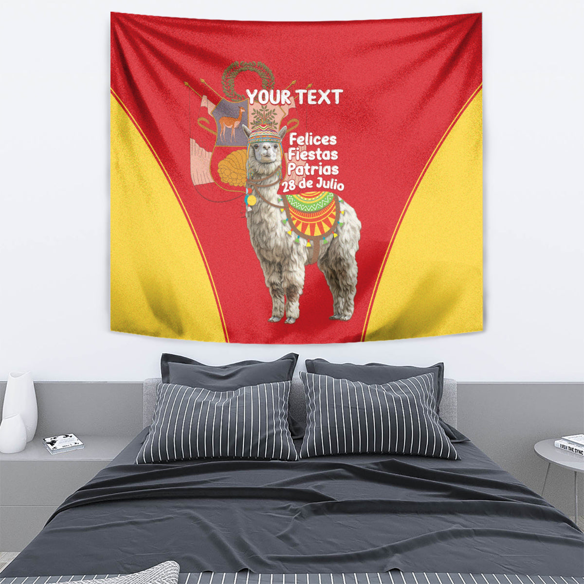 Hanging red and yellow Peru Independence Day tapestry featuring costumed alpaca