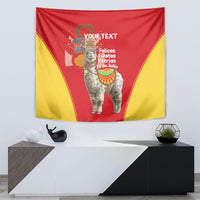 Red and yellow Peru Independence Day tapestry with costumed alpaca and “YOUR TEXT”