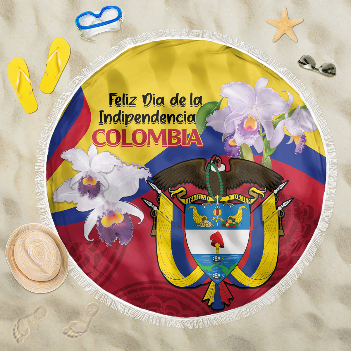 Round beach blanket with 'Feliz Dia de la Independencia COLOMBIA' text and coat of arms; fringe.