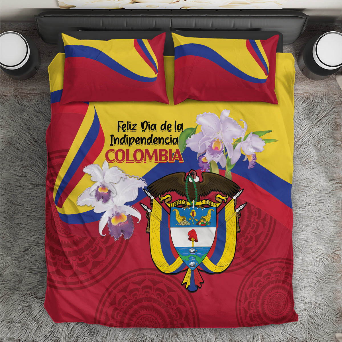 Colombia Independence Day bedding set with red, yellow, and blue crest and flower design