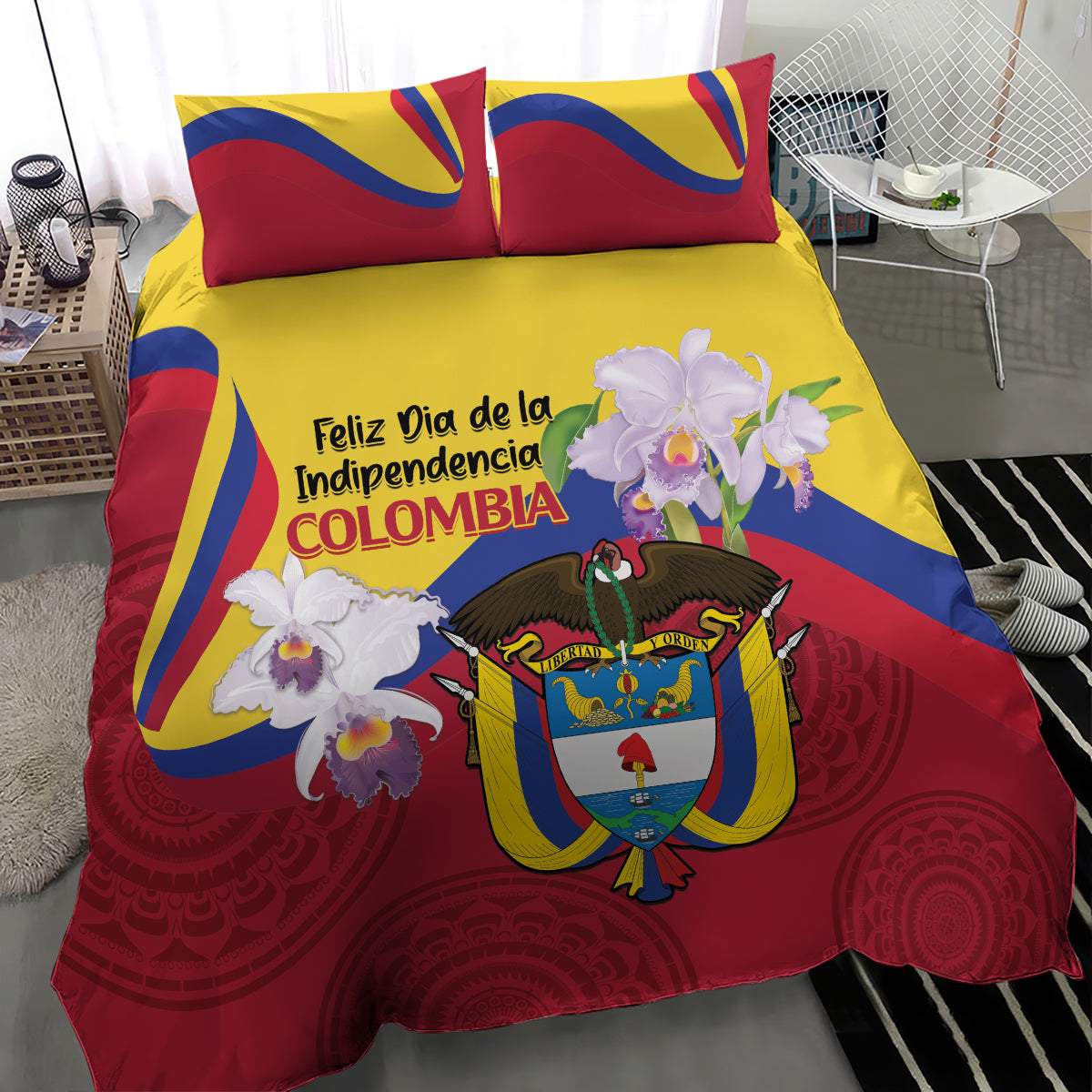 Colombia Independence Day bedding set with bold red duvet, yellow side stripes, and crest