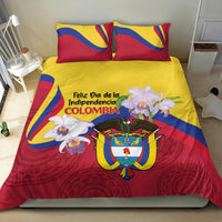 Colombia Independence Day bedding set with red duvet, yellow field, orchids, and Colombia crest