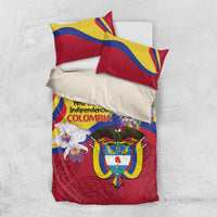 Colombia Independence Day duvet with red and yellow flag bands, orchids, and Colombia text