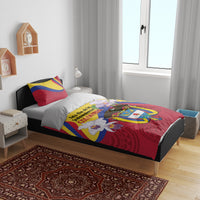 Colombia Independence Day bedding set on bed, red duvet with Colombia crest and flowers