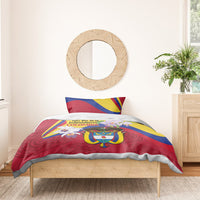 Colombia Independence Day duvet with red stripe backdrop, crest emblem, and floral accents