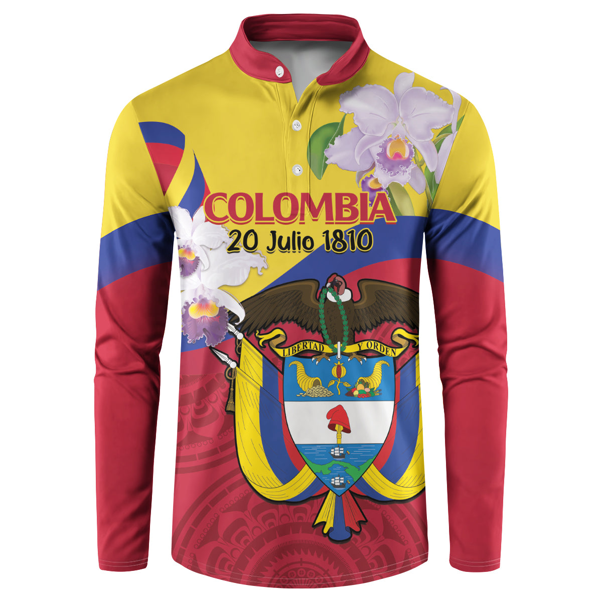 Yellow button sweatshirt with red and blue panels, crest and floral graphic