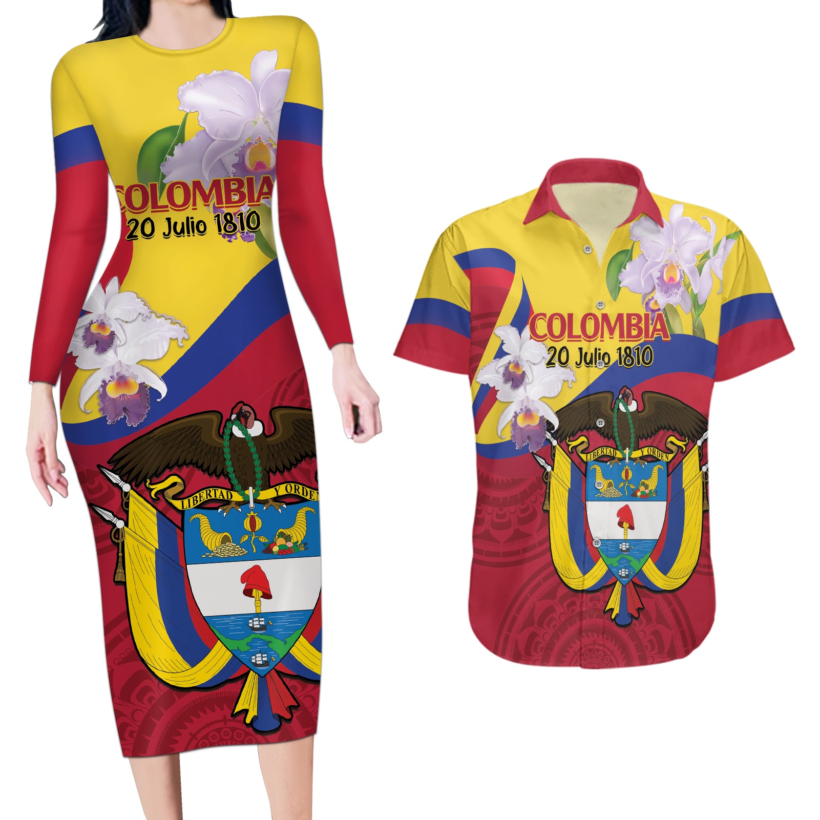 Colombia Independence Day Couples Matching Long Sleeve Bodycon Dress and Hawaiian Shirt Feliz Dia de la Independencia - Wonder Print Shop