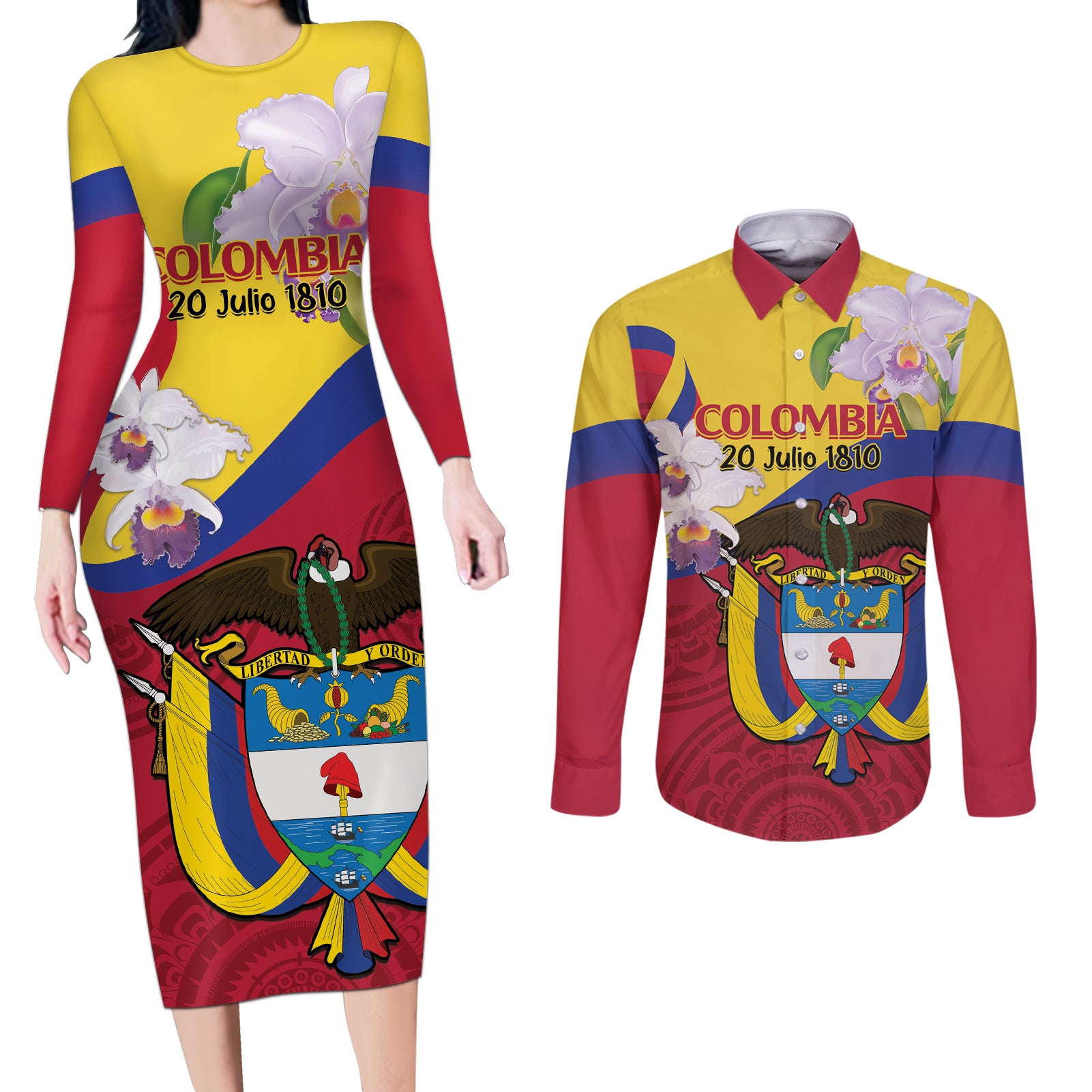 Colombia Independence Day Couples Matching Long Sleeve Bodycon Dress and Long Sleeve Button Shirt Feliz Dia de la Independencia - Wonder Print Shop