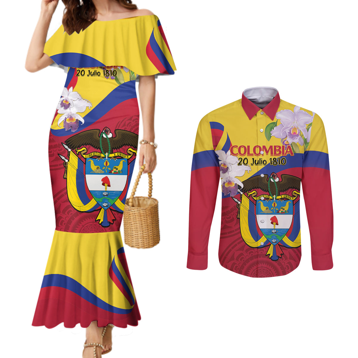 Colombia Independence Day Couples Matching Mermaid Dress and Long Sleeve Button Shirt Feliz Dia de la Independencia