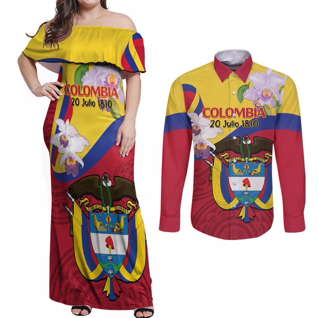 Colombia Independence Day Couples Matching Off Shoulder Maxi Dress and Long Sleeve Button Shirt Feliz Dia de la Independencia - Wonder Print Shop