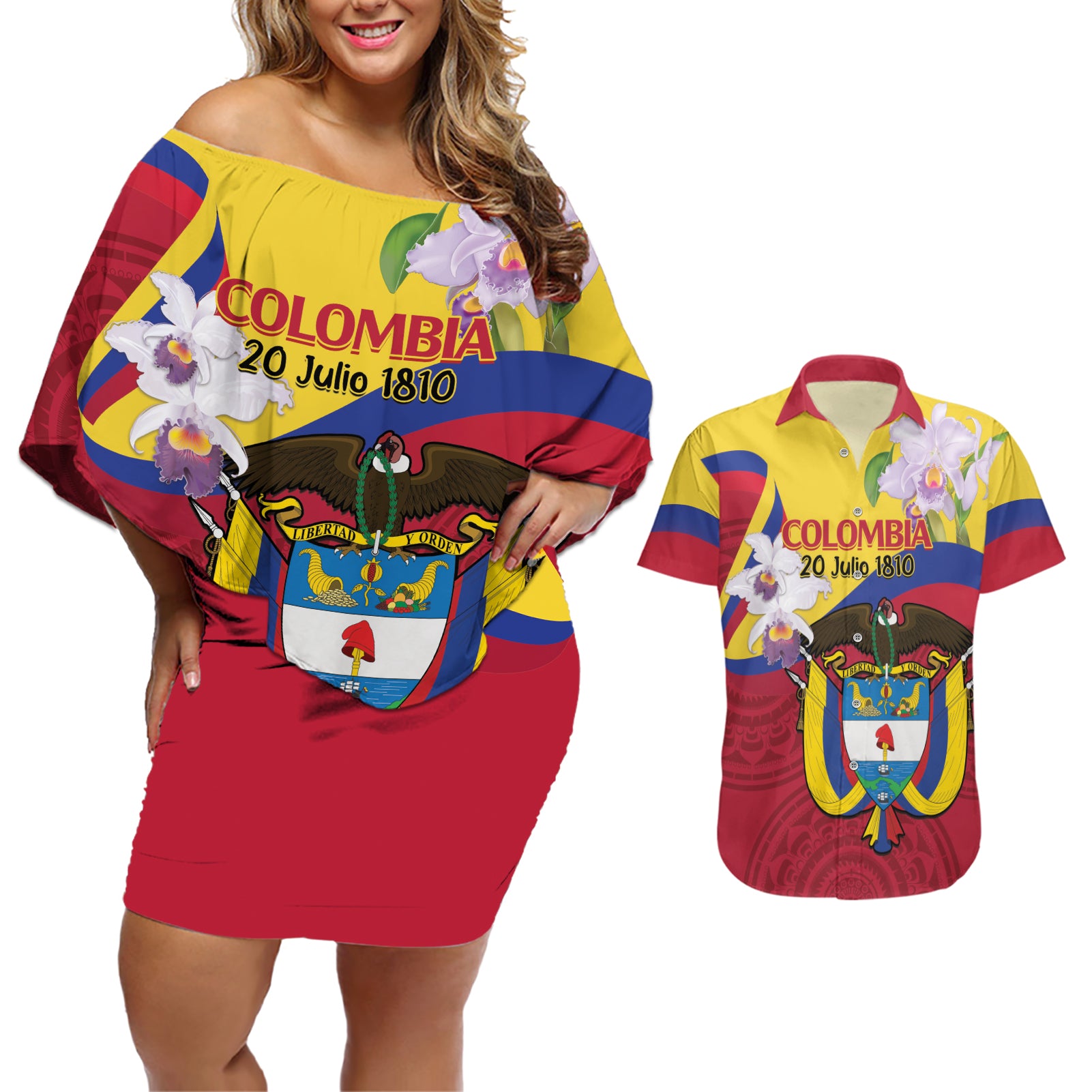 Colombia Independence Day Couples Matching Off Shoulder Short Dress and Hawaiian Shirt Feliz Dia de la Independencia - Wonder Print Shop