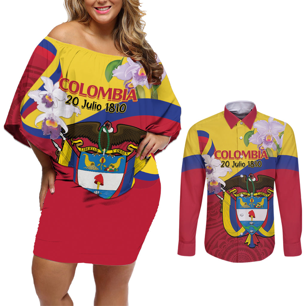 Colombia Independence Day Couples Matching Off Shoulder Short Dress and Long Sleeve Button Shirt Feliz Dia de la Independencia - Wonder Print Shop