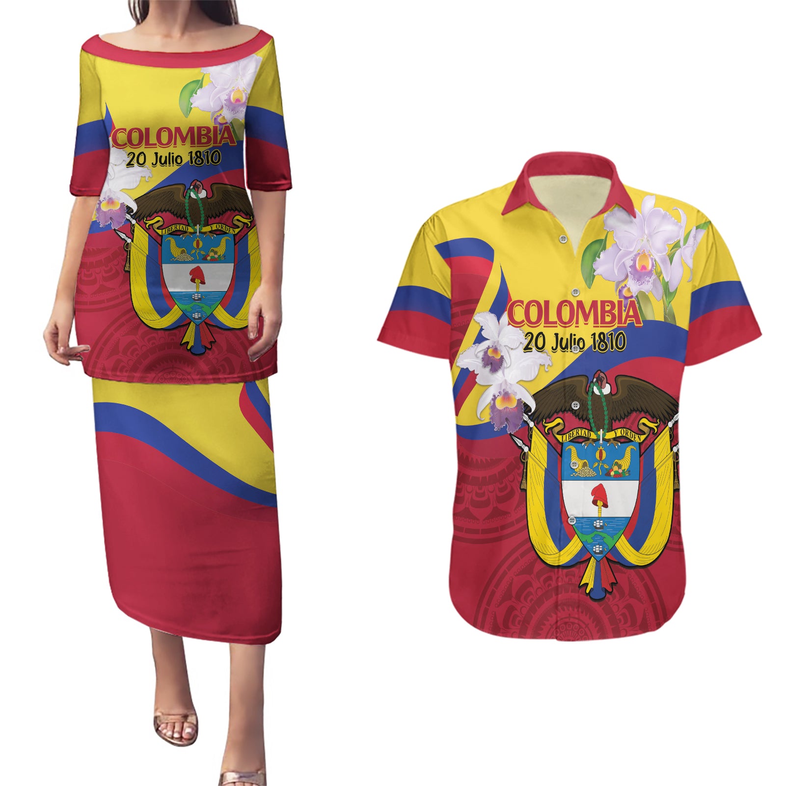 Colombia Independence Day Couples Matching Puletasi and Hawaiian Shirt Feliz Dia de la Independencia - Wonder Print Shop