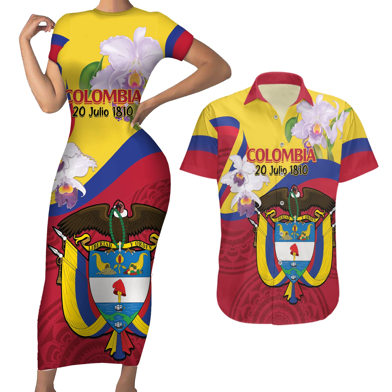 Colombia Independence Day Couples Matching Short Sleeve Bodycon Dress and Hawaiian Shirt Feliz Dia de la Independencia - Wonder Print Shop