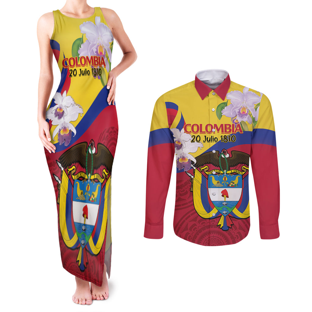 Colombia Independence Day Couples Matching Tank Maxi Dress and Long Sleeve Button Shirt Feliz Dia de la Independencia - Wonder Print Shop