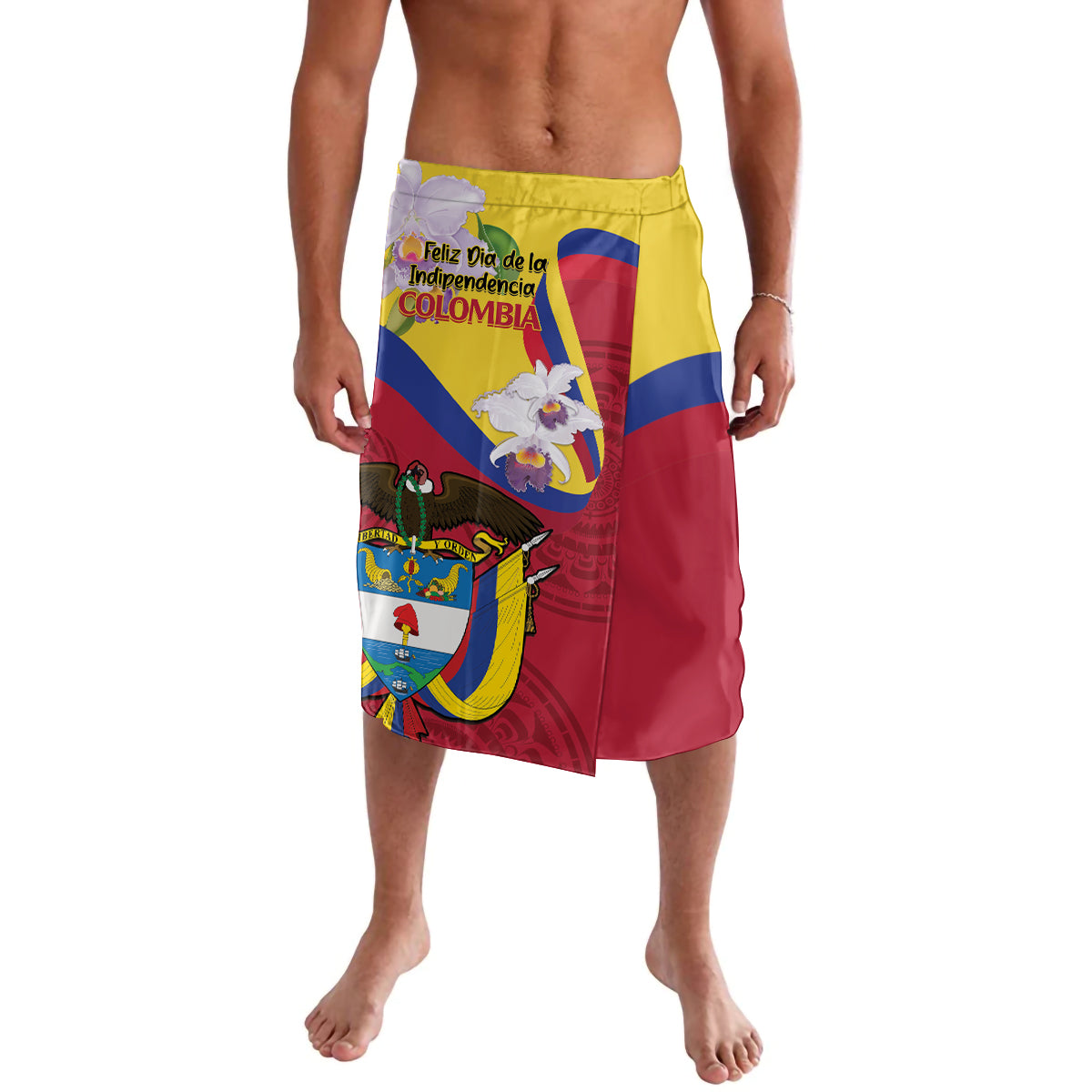 Red, yellow and blue Colombia-themed sarong with flag and eagle print