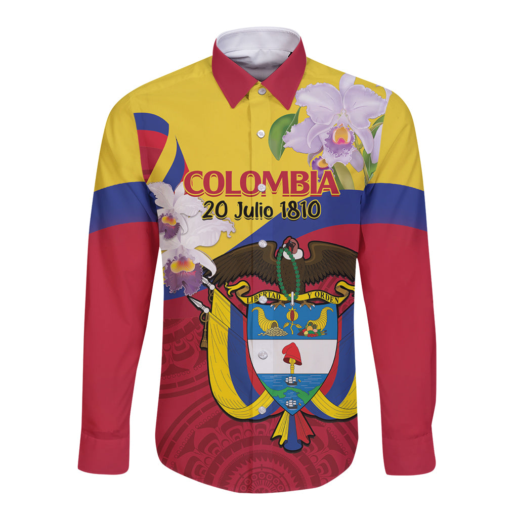 Unisex long-sleeve button shirt in red, yellow, and blue with Colombia crest graphic