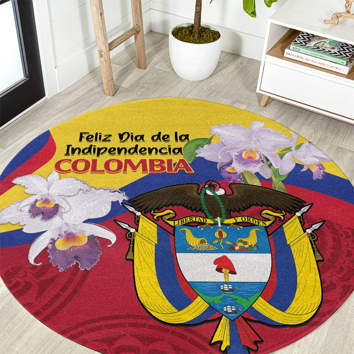 Round Colombia independence rug with coat of arms and “Feliz Dia de la Independencia”.