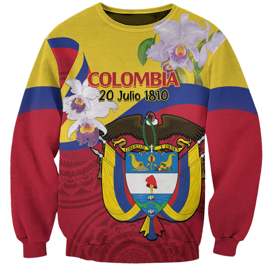 Unisex yellow sweatshirt with tricolor bands and large Colombia crest graphic on front