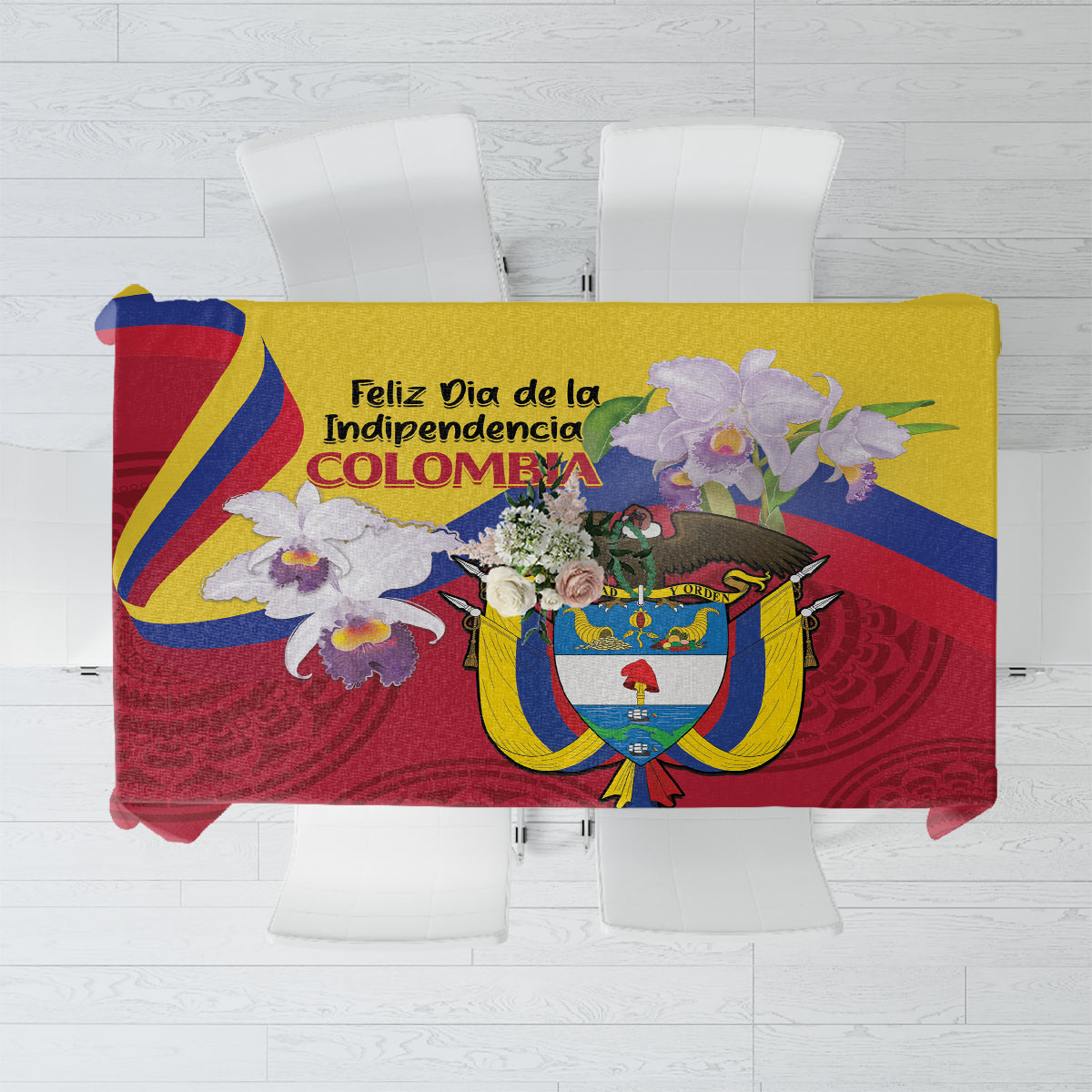 Red Independence Day tablecloth with colorful Colombia-themed graphic and emblem print.