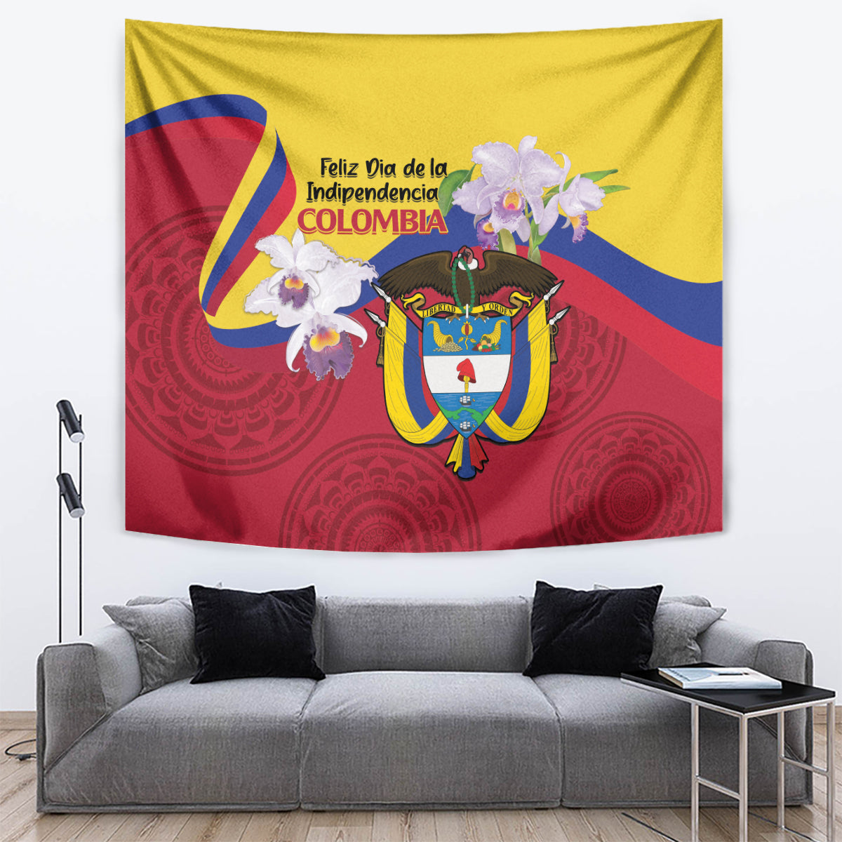 Hanging Colombia independence tapestry featuring coat of arms, ribbon banner, and white flowers