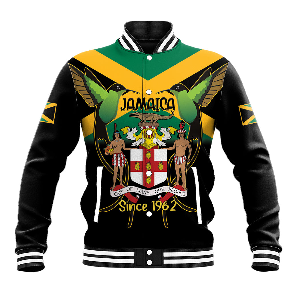 Black baseball jacket with Jamaican coat of arms and hummingbird, striped ribbed collar.