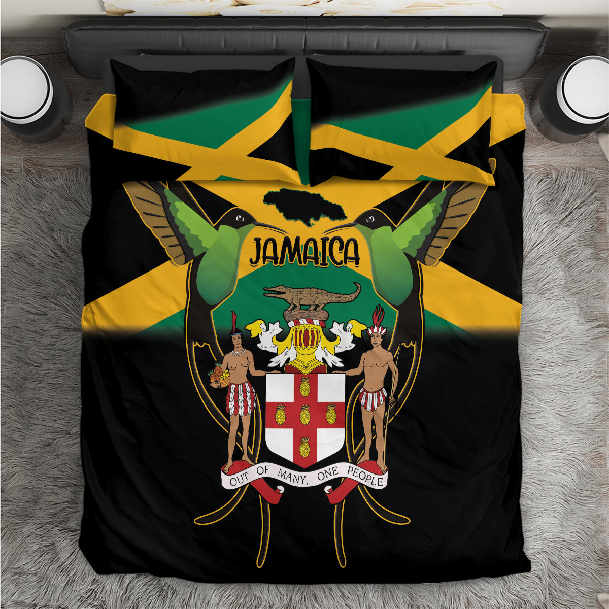 Black bedding set with Jamaica coat of arms and flag colors on comforter and pillows
