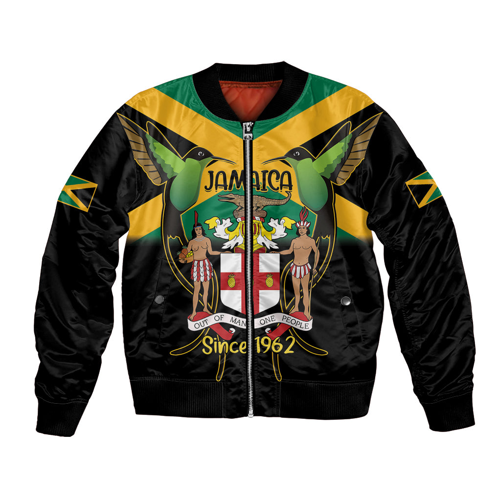 Unisex black bomber jacket with Jamaica coat-of-arms front graphic, ribbed cuffs