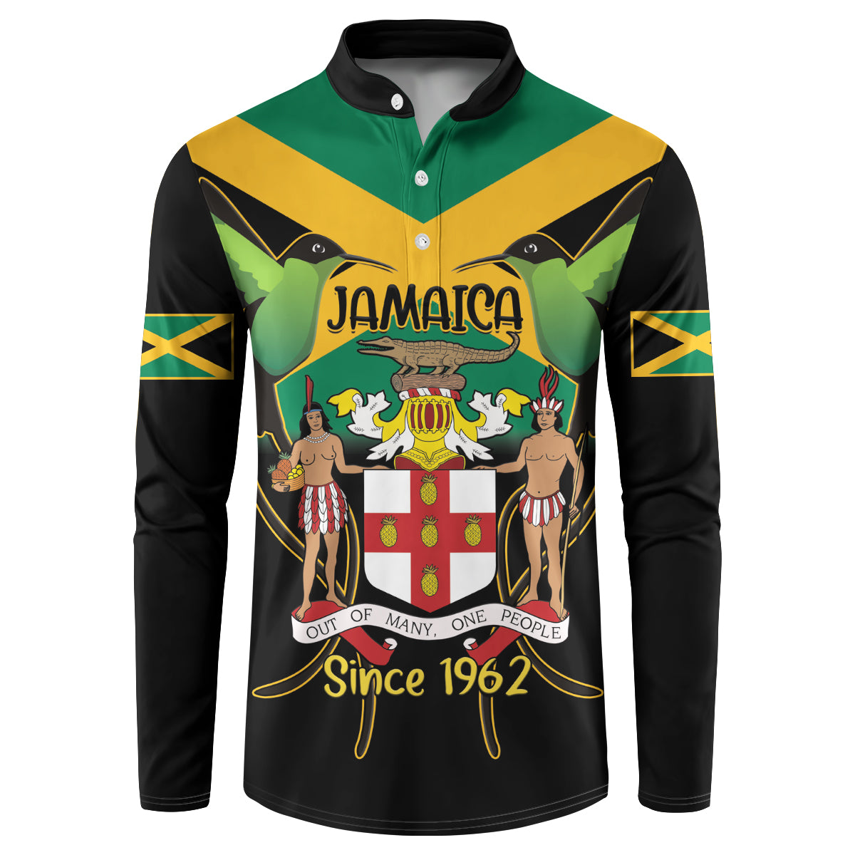 Black button sweatshirt with green/yellow collar and Jamaica coat of arms graphic