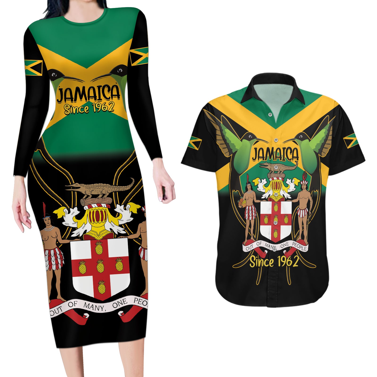 Jamaica Independence Day Couples Matching Long Sleeve Bodycon Dress and Hawaiian Shirt Jumieka Coat Of Arms Mix Hummingbird - Wonder Print Shop