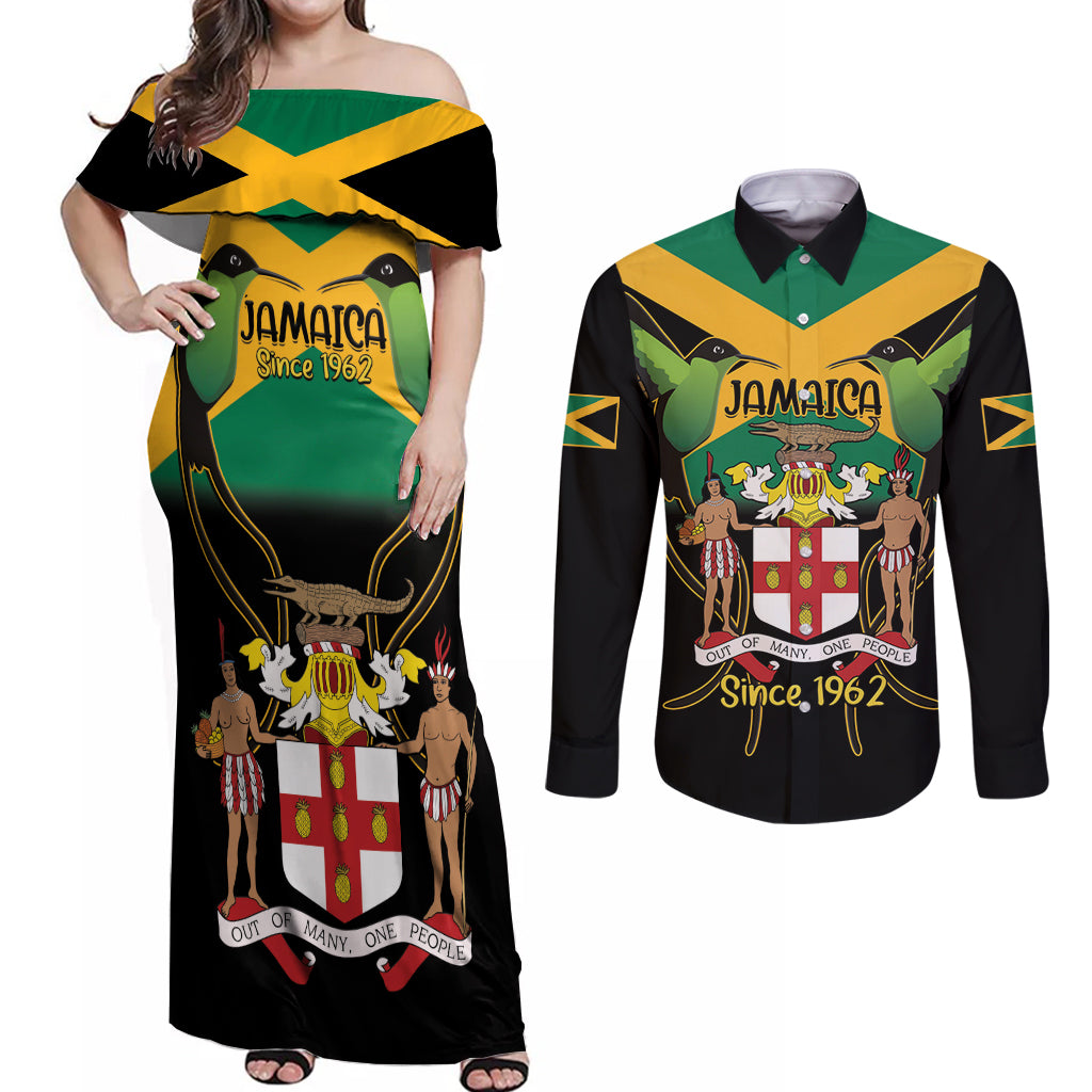 Jamaica Independence Day Couples Matching Off Shoulder Maxi Dress and Long Sleeve Button Shirt Jumieka Coat Of Arms Mix Hummingbird - Wonder Print Shop