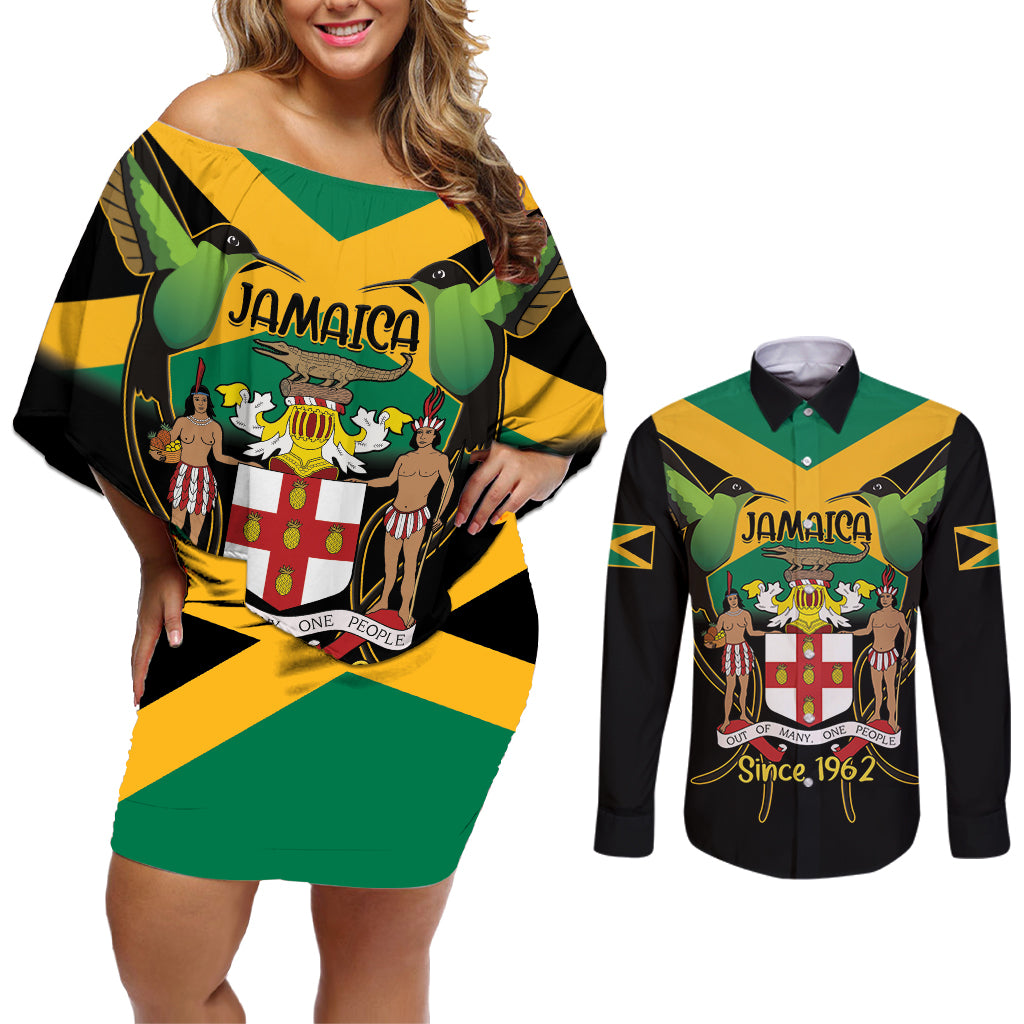 Jamaica Independence Day Couples Matching Off Shoulder Short Dress and Long Sleeve Button Shirt Jumieka Coat Of Arms Mix Hummingbird - Wonder Print Shop