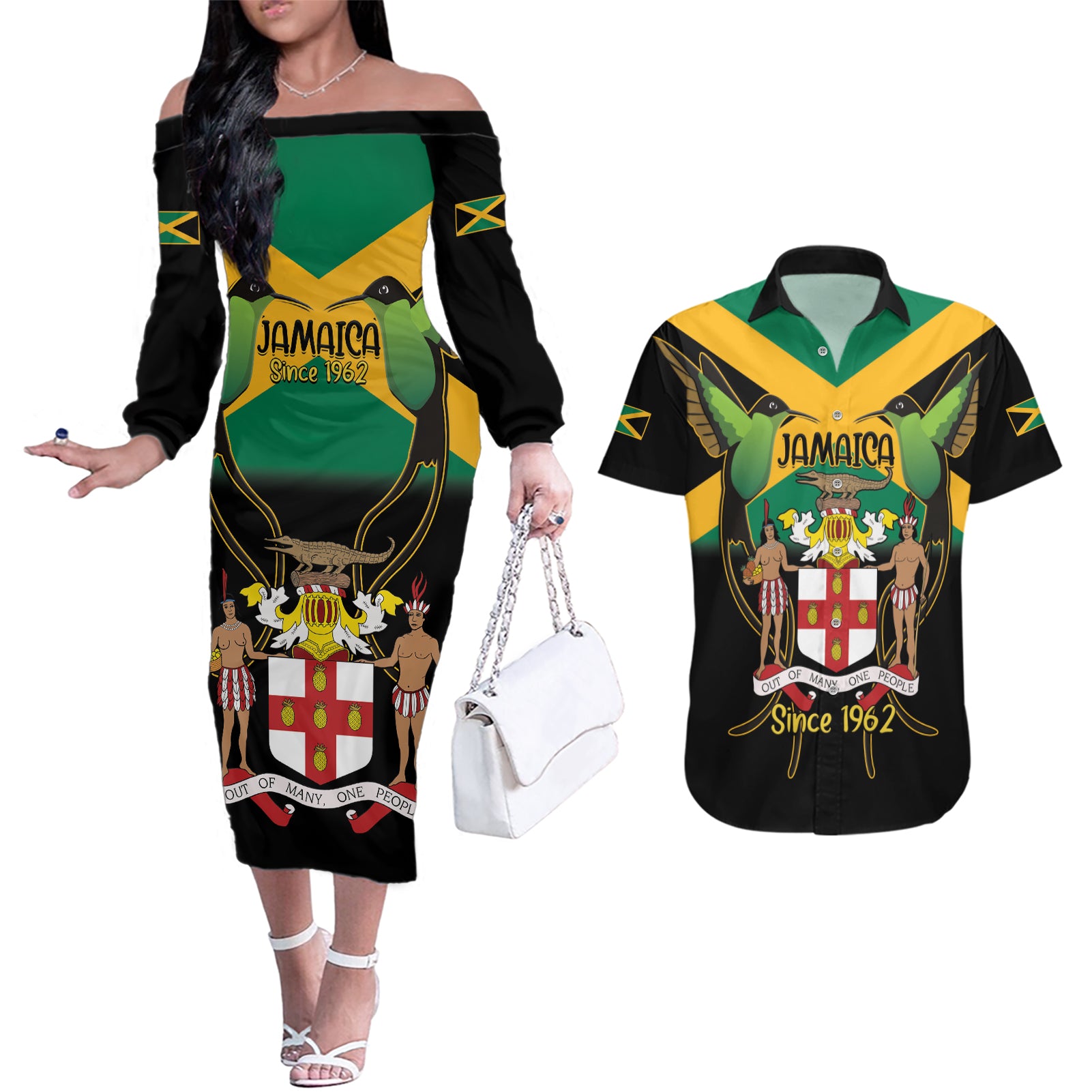 Jamaica Independence Day Couples Matching Off The Shoulder Long Sleeve Dress and Hawaiian Shirt Jumieka Coat Of Arms Mix Hummingbird - Wonder Print Shop