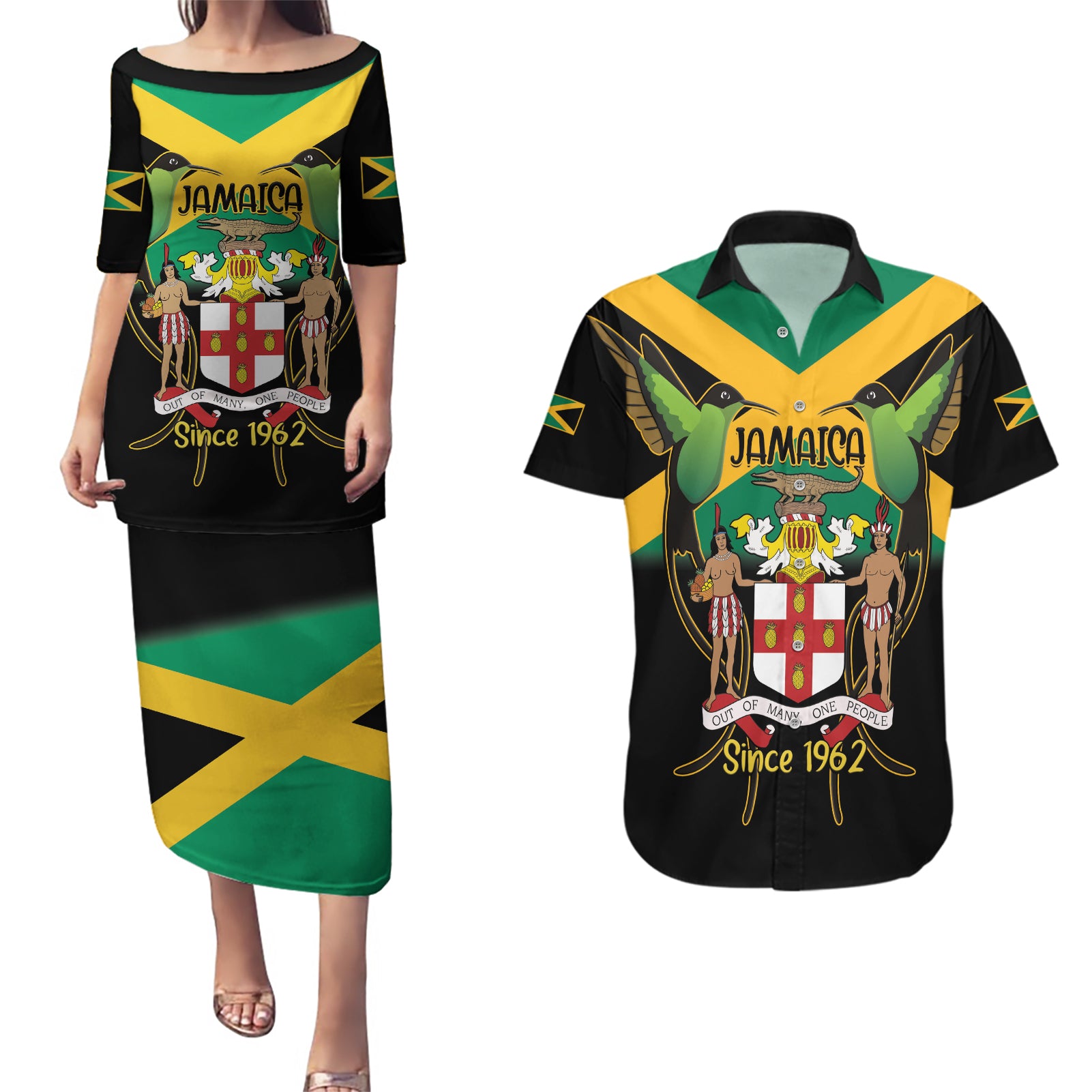 Jamaica Independence Day Couples Matching Puletasi and Hawaiian Shirt Jumieka Coat Of Arms Mix Hummingbird - Wonder Print Shop