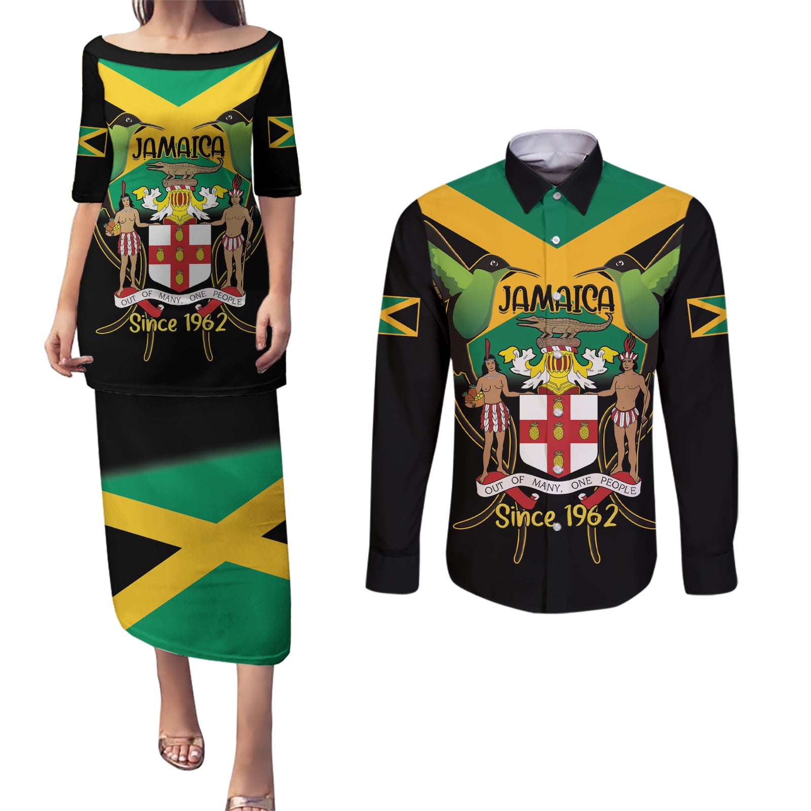 Jamaica Independence Day Couples Matching Puletasi and Long Sleeve Button Shirt Jumieka Coat Of Arms Mix Hummingbird - Wonder Print Shop