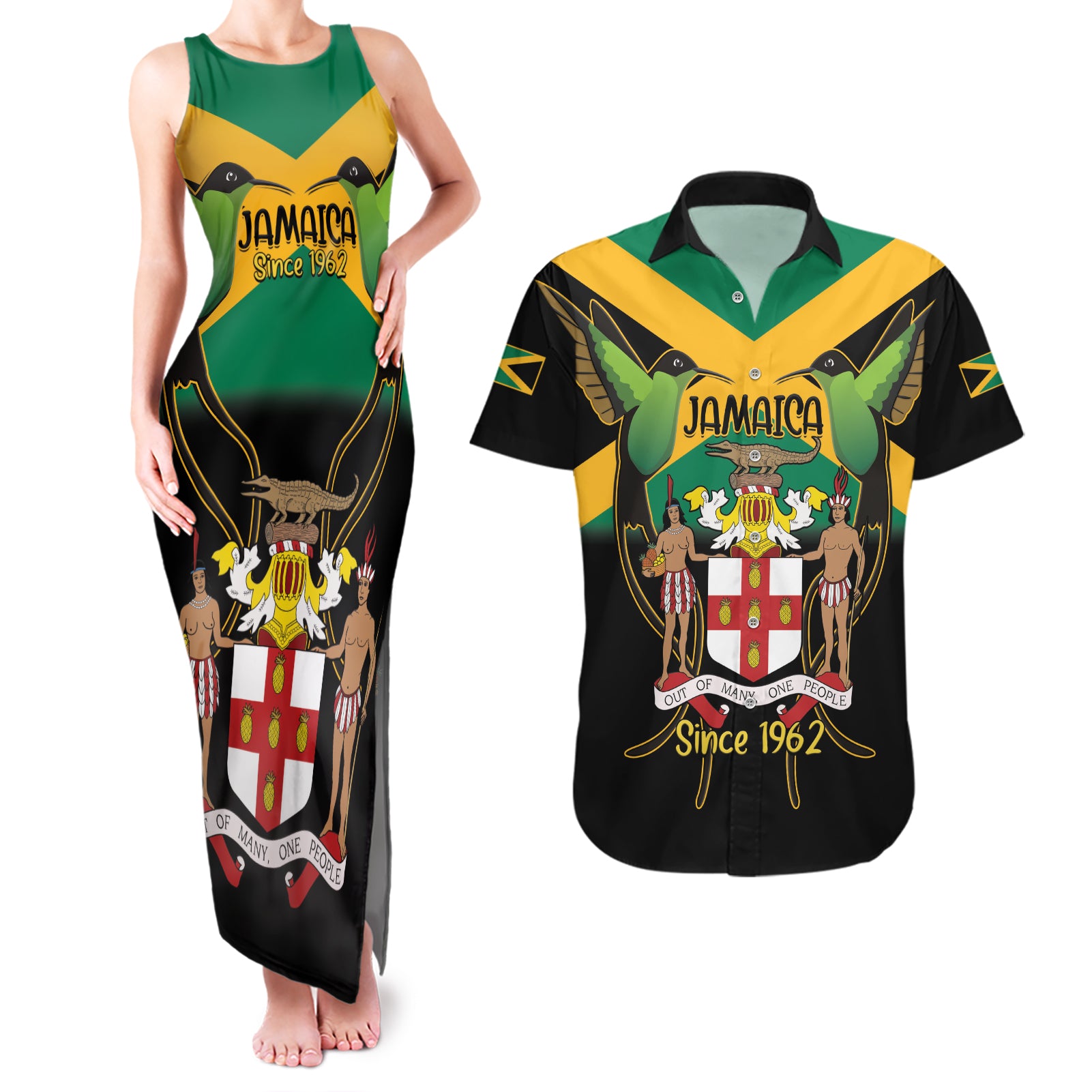 Jamaica Independence Day Couples Matching Tank Maxi Dress and Hawaiian Shirt Jumieka Coat Of Arms Mix Hummingbird - Wonder Print Shop