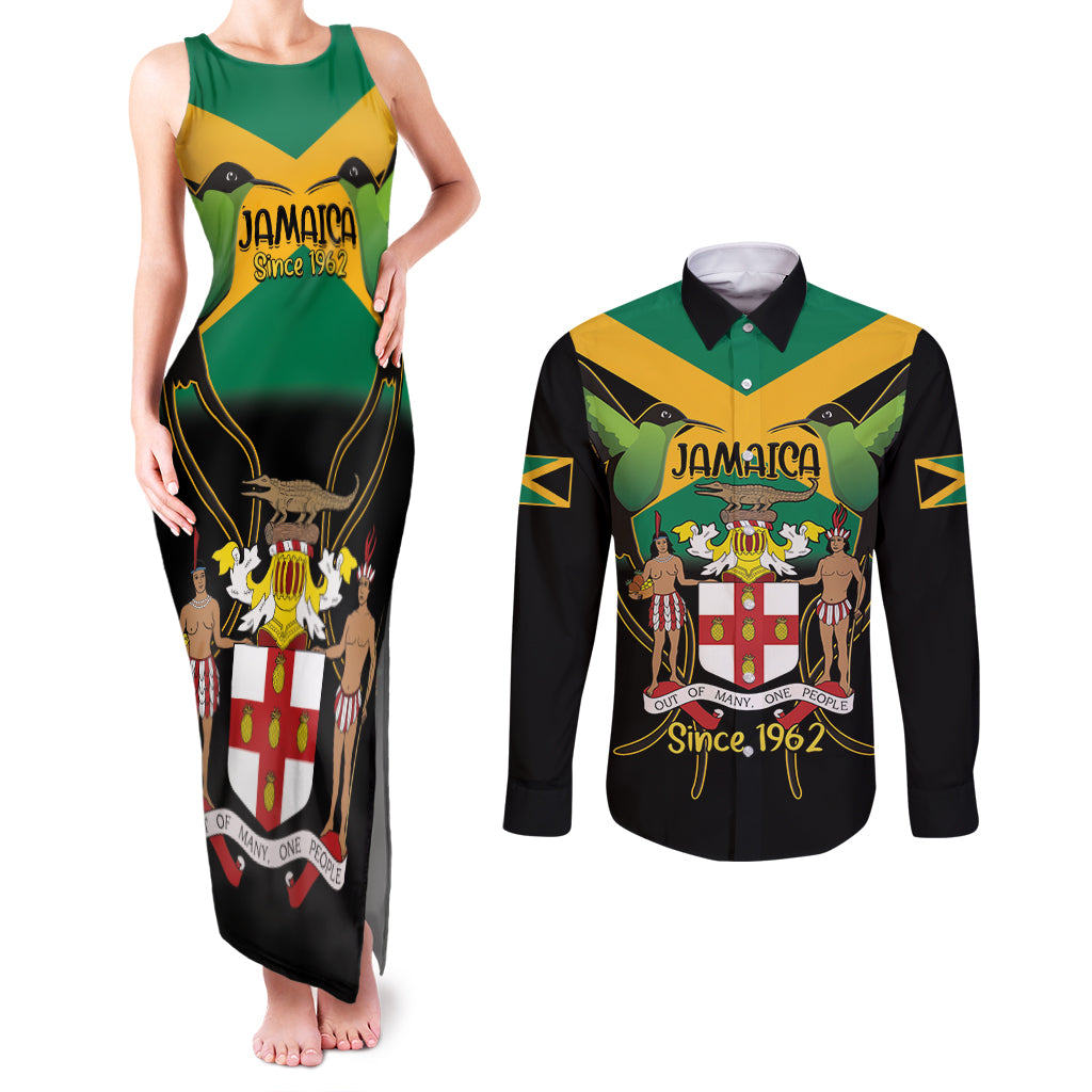 Jamaica Independence Day Couples Matching Tank Maxi Dress and Long Sleeve Button Shirt Jumieka Coat Of Arms Mix Hummingbird - Wonder Print Shop