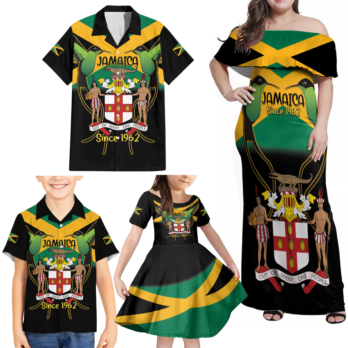 Jamaica Independence Day Family Matching Off Shoulder Maxi Dress and Hawaiian Shirt Jumieka Coat Of Arms Mix Hummingbird