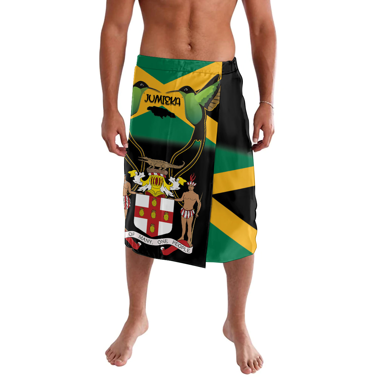 Jamaica-themed graphic sarong-style shorts, front view in black, green, and yellow crest