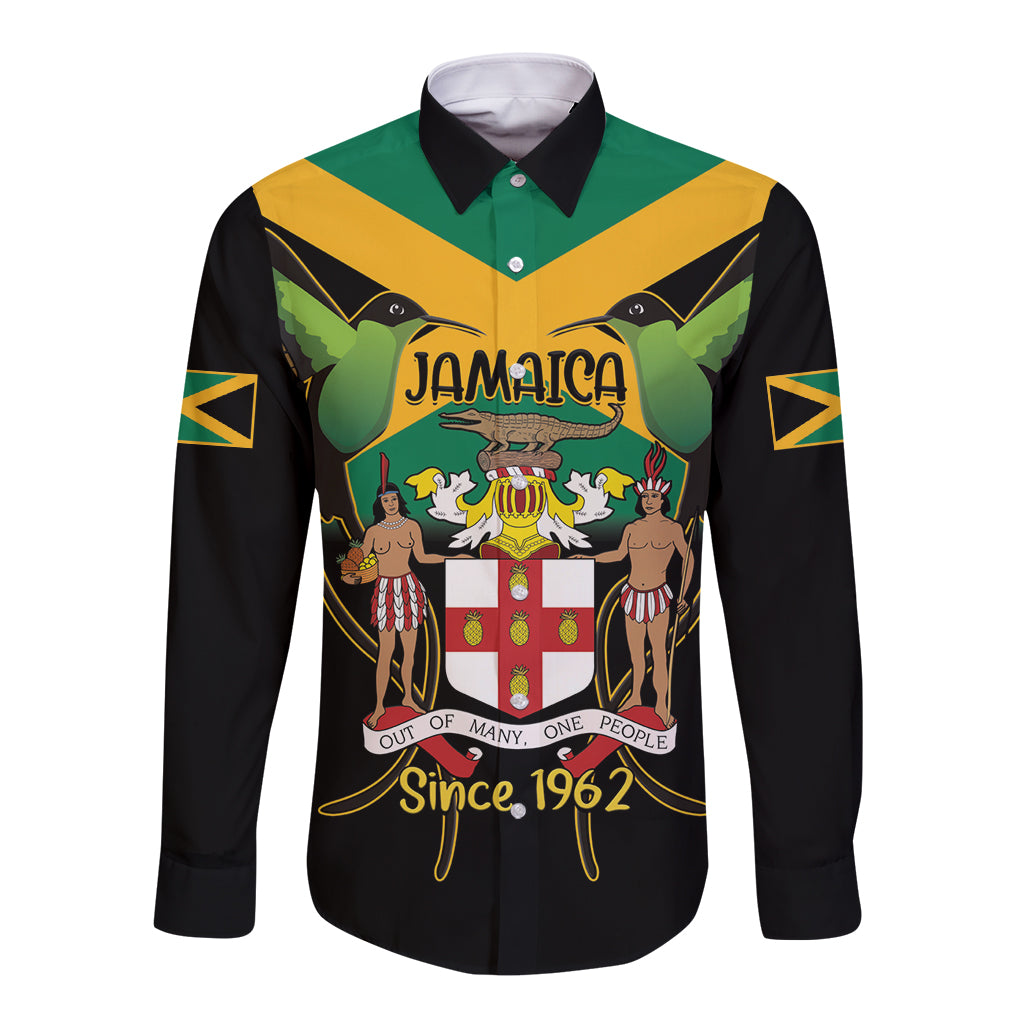 Black long-sleeve button shirt with Jamaica coat of arms and hummingbird graphic, front