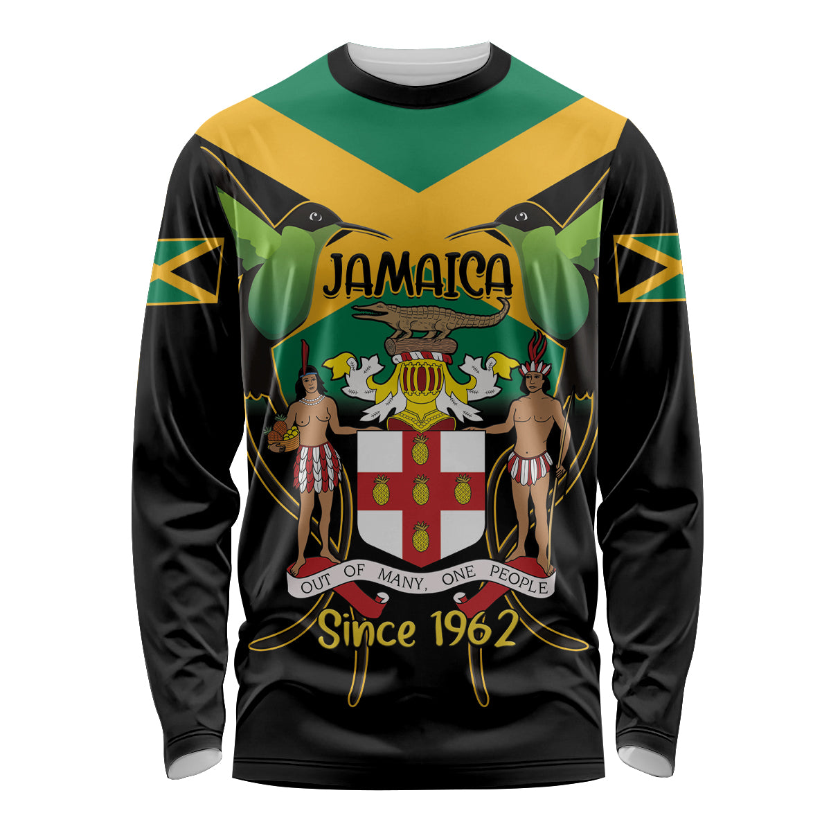 Black long sleeve shirt with Jamaica coat of arms, hummingbird, and 'Since 1962' print
