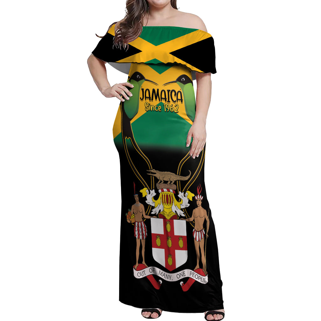 Jamaica Independence Day Off Shoulder Maxi Dress Jumieka Coat Of Arms Mix Hummingbird - Wonder Print Shop