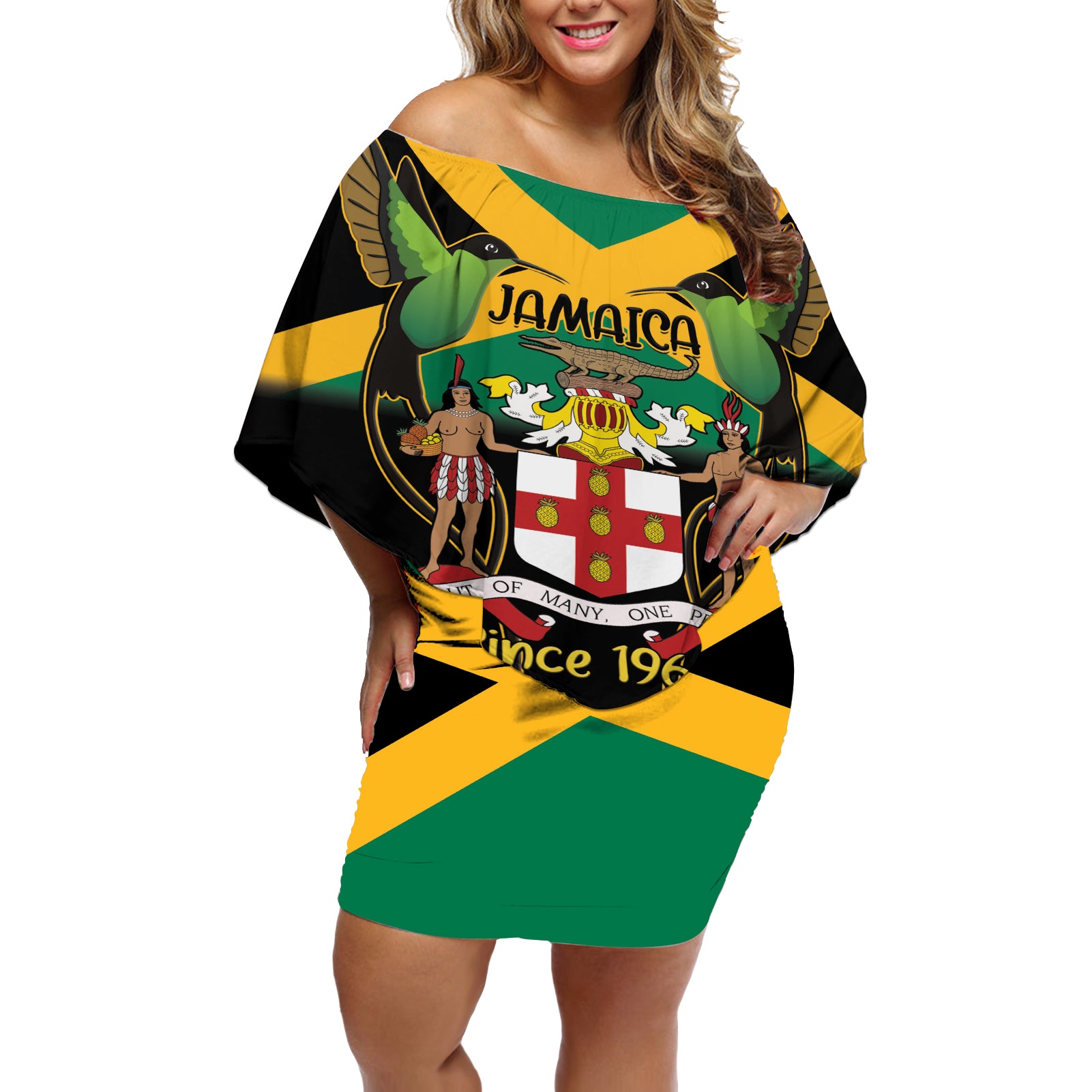 Jamaica Independence Day Off Shoulder Short Dress Jumieka Coat Of Arms Mix Hummingbird - Wonder Print Shop