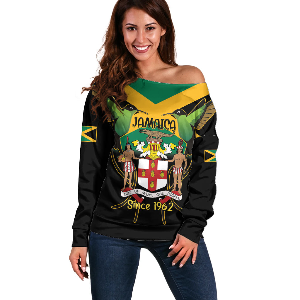 Jamaica Independence Day Off Shoulder Sweater Jumieka Coat Of Arms Mix Hummingbird - Wonder Print Shop