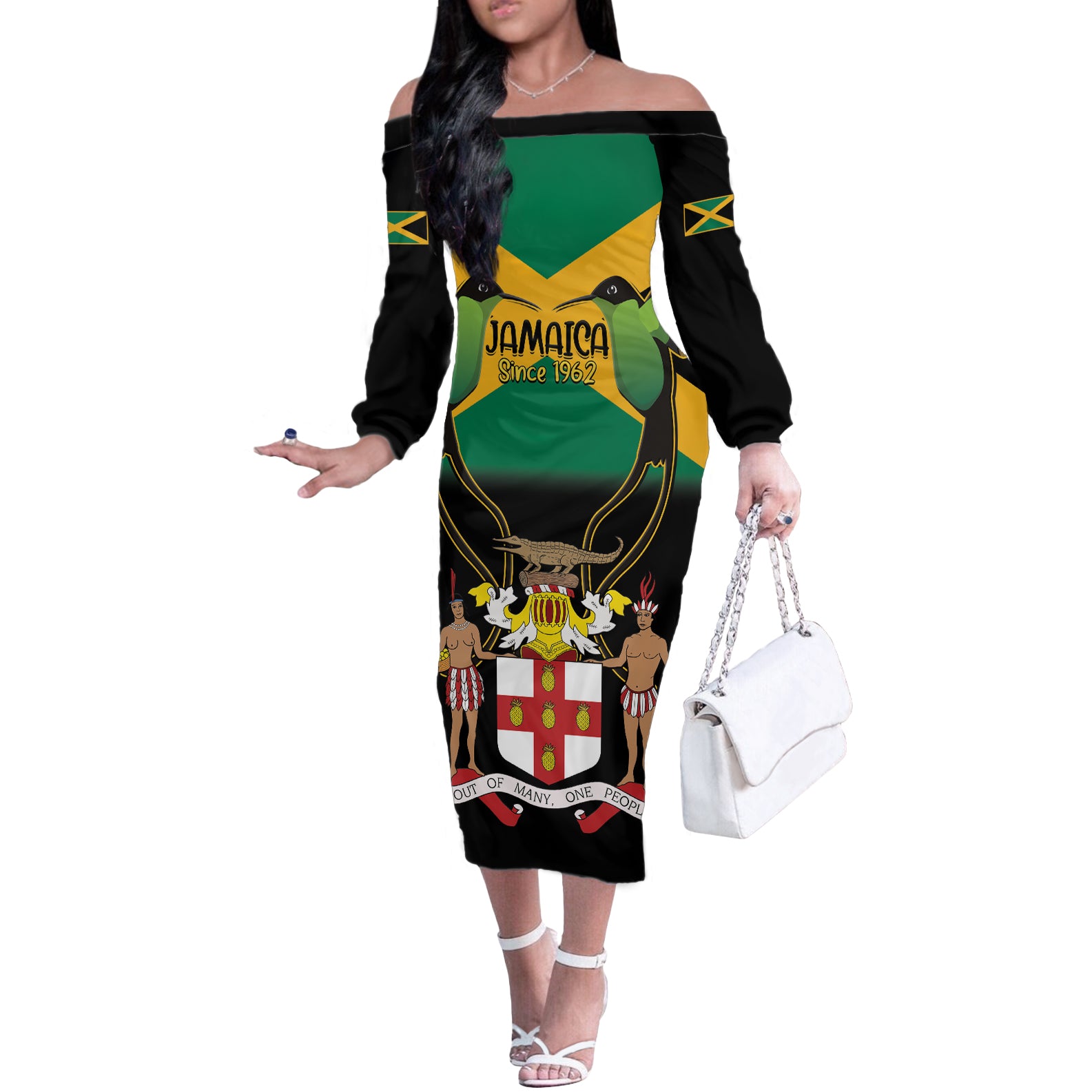 Jamaica Independence Day Off The Shoulder Long Sleeve Dress Jumieka Coat Of Arms Mix Hummingbird - Wonder Print Shop