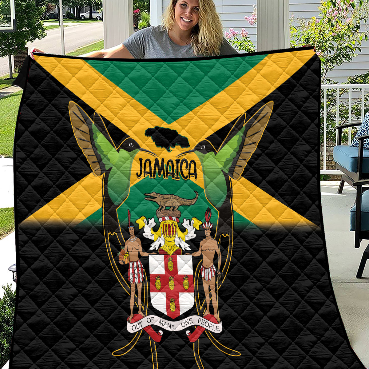 Jamaica quilt blanket, black with green-yellow flag crest and coat of arms center