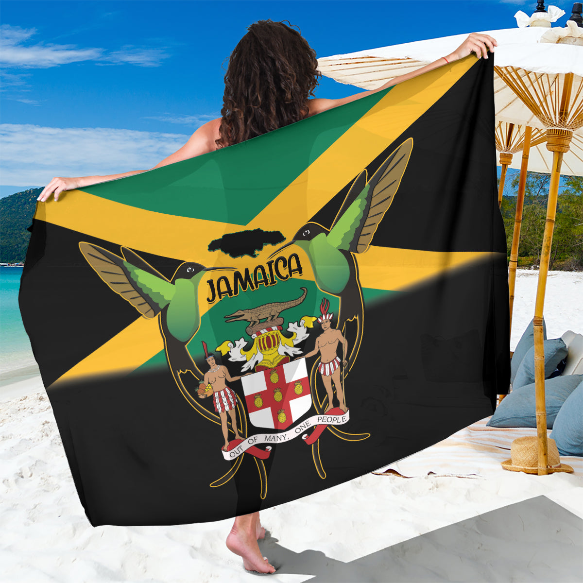Jamaica coat of arms sarong showing large crest and hummingbird on black fabric