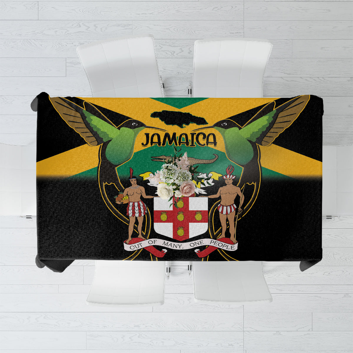 Black Jamaica coat of arms tablecloth with birds and colorful crest center design.