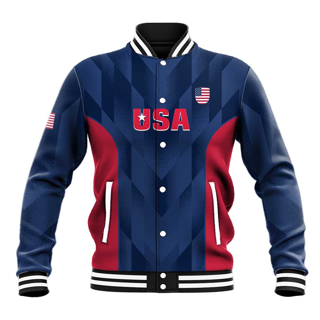 Blue and red baseball jacket with snap buttons, striped ribbed collar, USA chest logo
